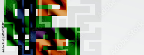 Abstract geometric shapes, vibrant colors blend. Rectangles, squares form complex pattern. White space dominates right side.