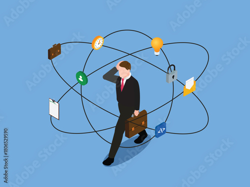 Isometric Businessman Tangled in Web of Business Icons/Data 3d isometric vector illustration