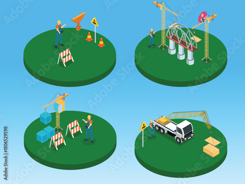 Isometric Construction Site Set: Building Bridge, Lifting Cargo, and Workers with Heavy Machinery 3d isometric vector illustration