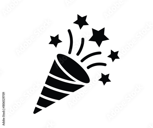 Celebration party popper exploding with confetti and stars, symbolizing joy and surprise