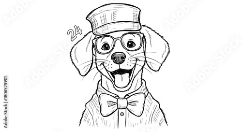 Illustrated dog wearing glasses, cap, and bowtie expressing happiness and sophistication