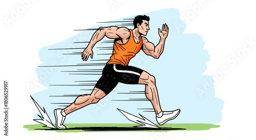 Dynamic athletic illustration of a muscular man in full sprint evoking speed and power capturing