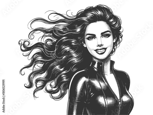 woman with wavy hair and zipped leather outfit sketch engraving generative ai fictional character vector illustration. Scratch board imitation. Black and white image.