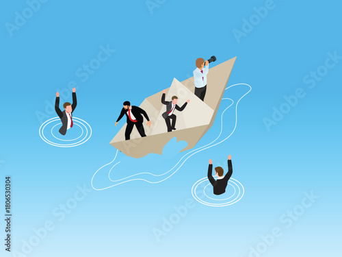 Isometric Business Crisis and Financial Failure Concept: Sinking Paper Boat with Struggling Businessmen 3d isometric vector illustration