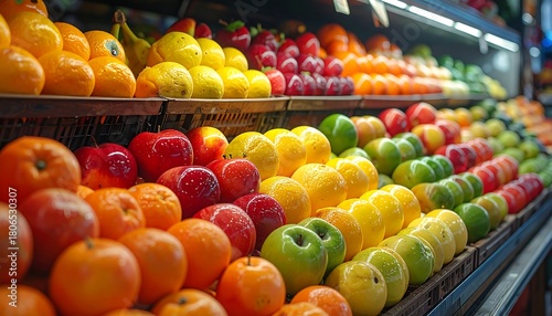 Fototapeta Naklejka Na Ścianę i Meble -  Colorful assortment of fresh, ripe fruits arranged on grocery store shelves