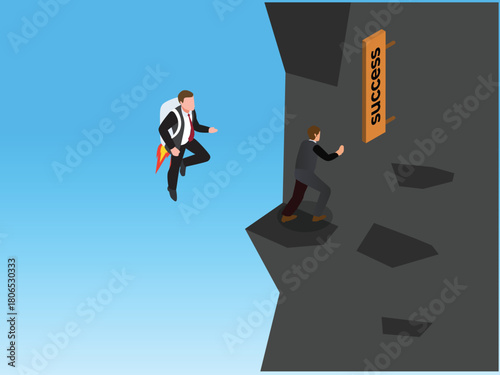 Isometric Competitive Advantage and Modern Success Concept: Jetpack vs. Traditional Climbing 3d isometric vector illustration