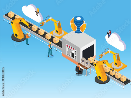 Isometric Smart Logistics and Automated Factory Production Line with Robotic Arms 3d isometric vector illustration