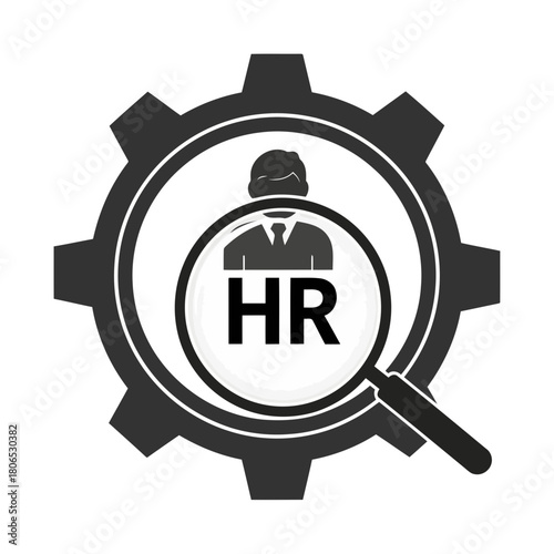 Human resources department recruitment process with gear isolated on magnifying glass, hr, and worker silhouette