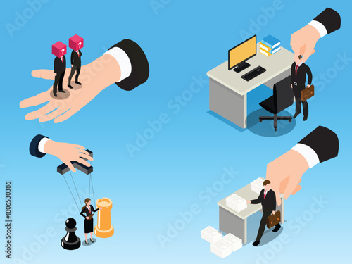 Isometric Set of Corporate Power Dynamics and Business Control Metaphors 3d isometric vector illustration