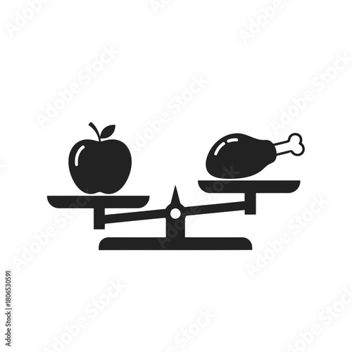 Illustration of balanced scales with apple and chicken leg isolated on, representing healthy diet and nutrition
