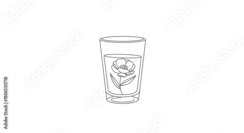 Minimalist line art illustration of a flower submerged in a glass of water creating a simple yet