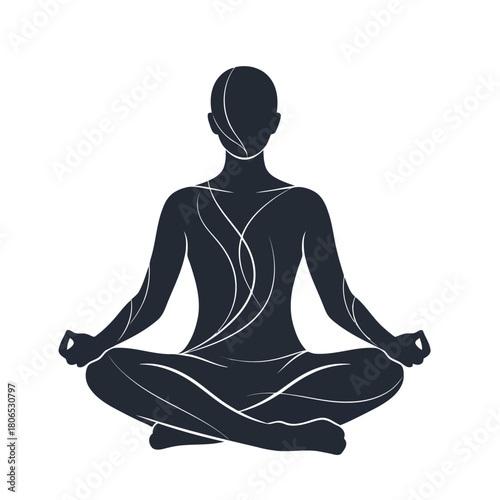 Silhouette of a person in lotus position meditating with abstract lines isolated on for yoga and wellness concept