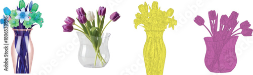 described features four distinct vases, each showcasing a unique arrangement of flowers, highlighting different colors and types.