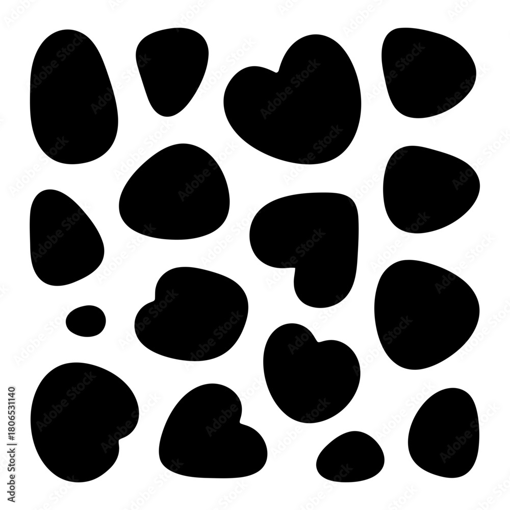 Fototapeta premium Black spots isolated on abstract shapes, blots, stains, drops, blobs, amoebas vector illustration