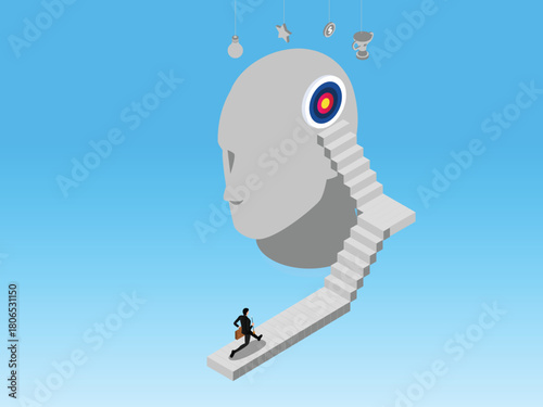 Isometric Career Success and Goal-Oriented Thinking Concept: Climbing Stairs to a Target in a Giant Head 3d isometric vector illustration