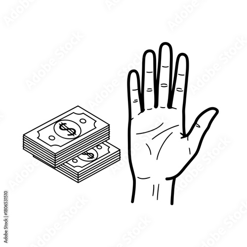 Hand with money isolated on stop corruption and bribery with hand gesture and cash stack
