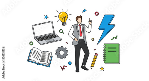 Conceptual illustration of a businessman with innovative ideas and educational tools for success