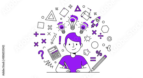 Envisioning ideas: A student surrounded by mathematical and scientific symbols, fostering