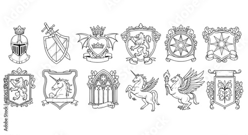 Heraldry medieval crests and symbols set
