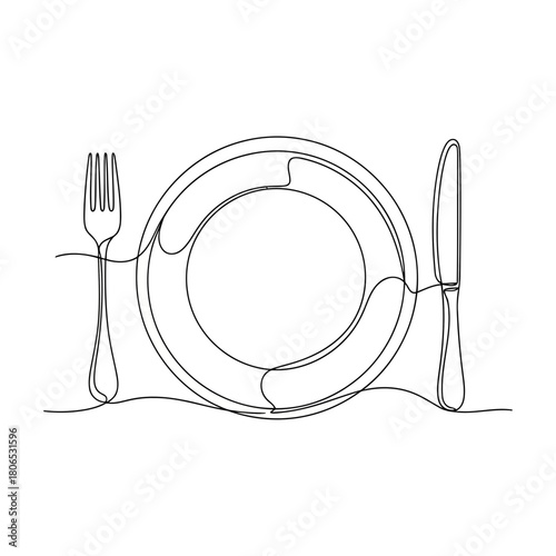 Continuous line drawing of plate with fork and knife isolated on minimalist design of tableware for restaurant or cafe