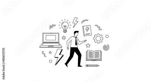 Doodle style illustration showcasing a person surrounded by elements of business and learning