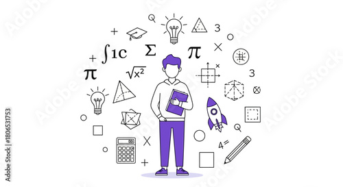 Illustrative educational concept featuring a student surrounded by mathematical symbols