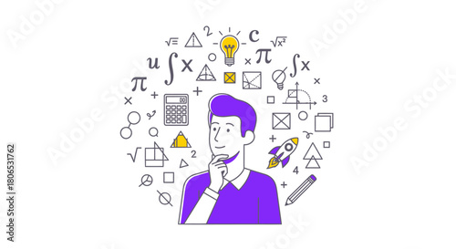 Illustration of a man immersed in mathematical and scientific thoughts and ideas