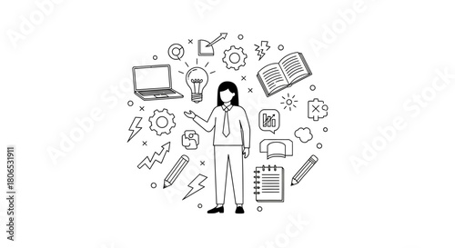 Illustrative depiction of a professional woman presenting innovative concepts and strategic