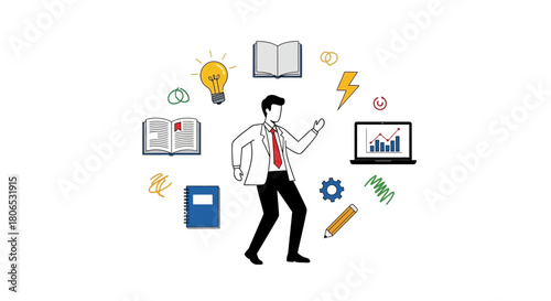 Conceptual illustration featuring a businessman surrounded by symbols of business creativity and