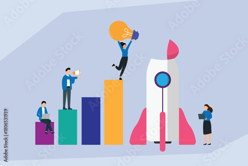 Startup Business Launch and Innovation, Team Working with Rocket Ship, Bar Chart, and Lightbulb Idea 2d flat vector illustration