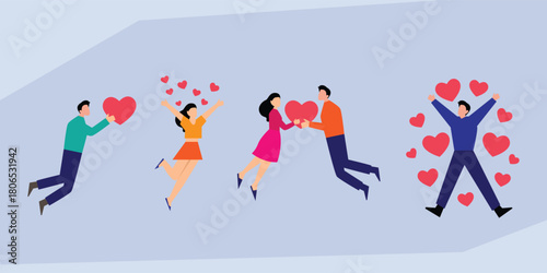 Happy People in Love and Romance, Group of Individuals Floating with Hearts 2d flat vector illustration