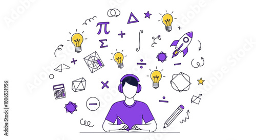 Conceptual illustration depicting a student immersed in learning and academic exploration