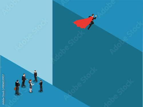 Isometric Superhero Businessman Flying Over Corporate Group 3d isometric vector illustration