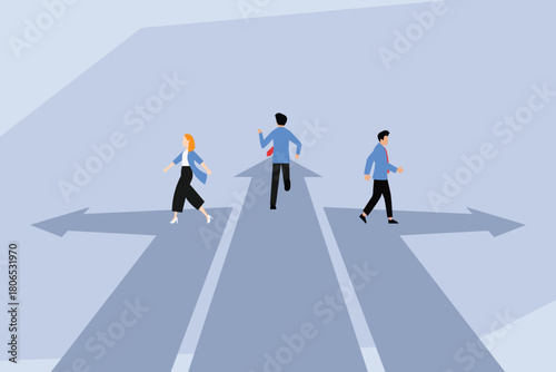 Career Choice and Decision Making, Business People Walking Different Paths at a Crossroads 2d flat vector illustration