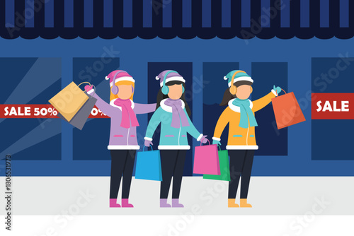Winter Holiday Shopping and Retail Sale, Three Women Carrying Bags Outside Store 2d flat vector illustration