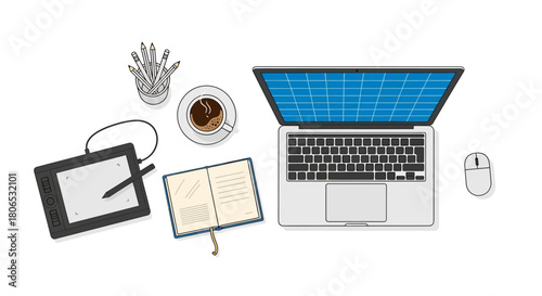 Creative workspace illustration featuring a laptop, tablet, coffee, and sketch pad for digital