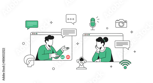 Visual depiction of remote business meeting using conferencing platforms, illustrating virtual