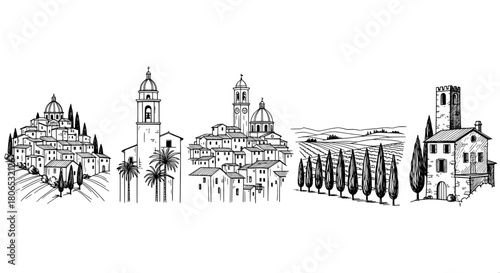 Landscape scenes of italian villages and vineyards