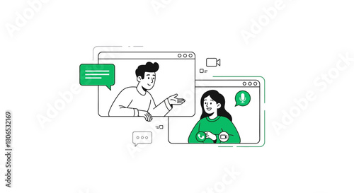 Virtual connection between man and woman displayed on separate web windows on screen