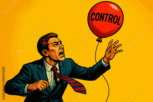 panicked businessman reaching for a red balloon labeled CONTROL, symbolizing slipping control, stress, and rising pressure. Generative ai vector colorful pop art illustration.