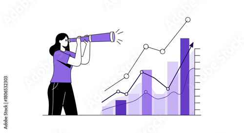 Businesswoman using telescope to foresee future growth opportunities strategy