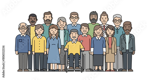 Diverse group of people standing together, illustrating unity and inclusivity with character design