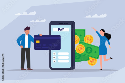 Online Mobile Payment and Banking Concept with Smartphone, Credit Card, Money, and Characters 2d flat vector illustration