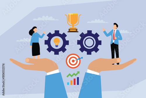 Business Strategy and Teamwork for Goal Achievement, Process Management, and Success 2d flat vector illustration