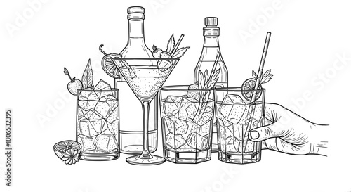 Cocktail drinks illustration with bottles and garnishes