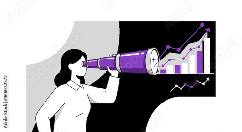 Woman using a telescope to look towards future growth and success in business analysis