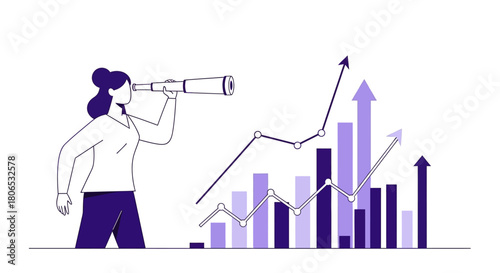 Woman forecasting future growth with spyglass observing business performance analytics
