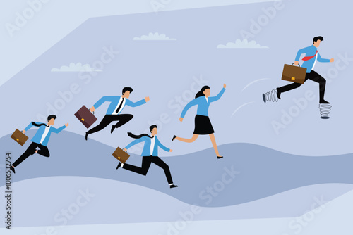 Business Competition and Advantage, Man Jumping Ahead of Competitors with Spring Acceleration 2d flat vector illustration