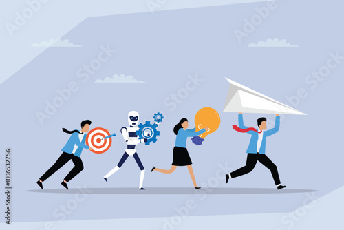 Collaborative Business Team with AI, Running Together to Achieve Goals, Innovation, and Strategic Vision 2d flat vector illustration