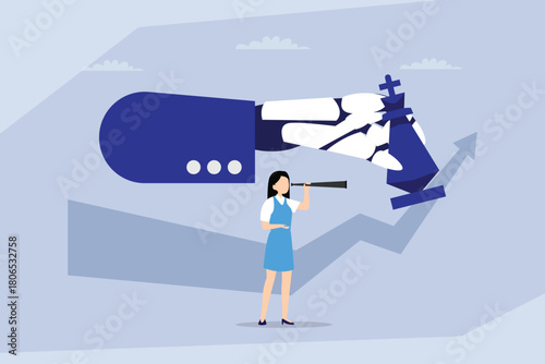 Future Business Strategy and AI Planning, Robot Hand Moving Chess King on Growth Chart 2d flat vector illustration